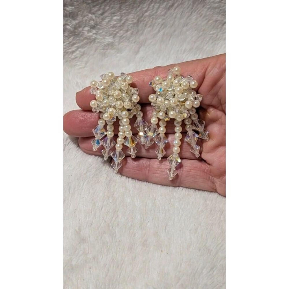 Vintage Faux Pearl & AB Crystal Chandelier Clip-On Earrings  Bridal Fringe Drops